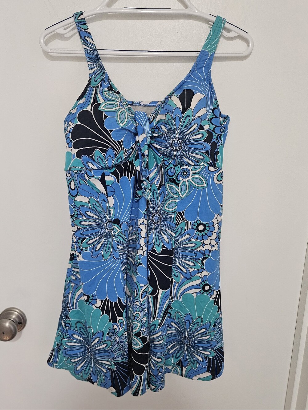 Blue & Teal Floral Swim Dress Attached Bikini Bottoms Adjustable Straps 18W